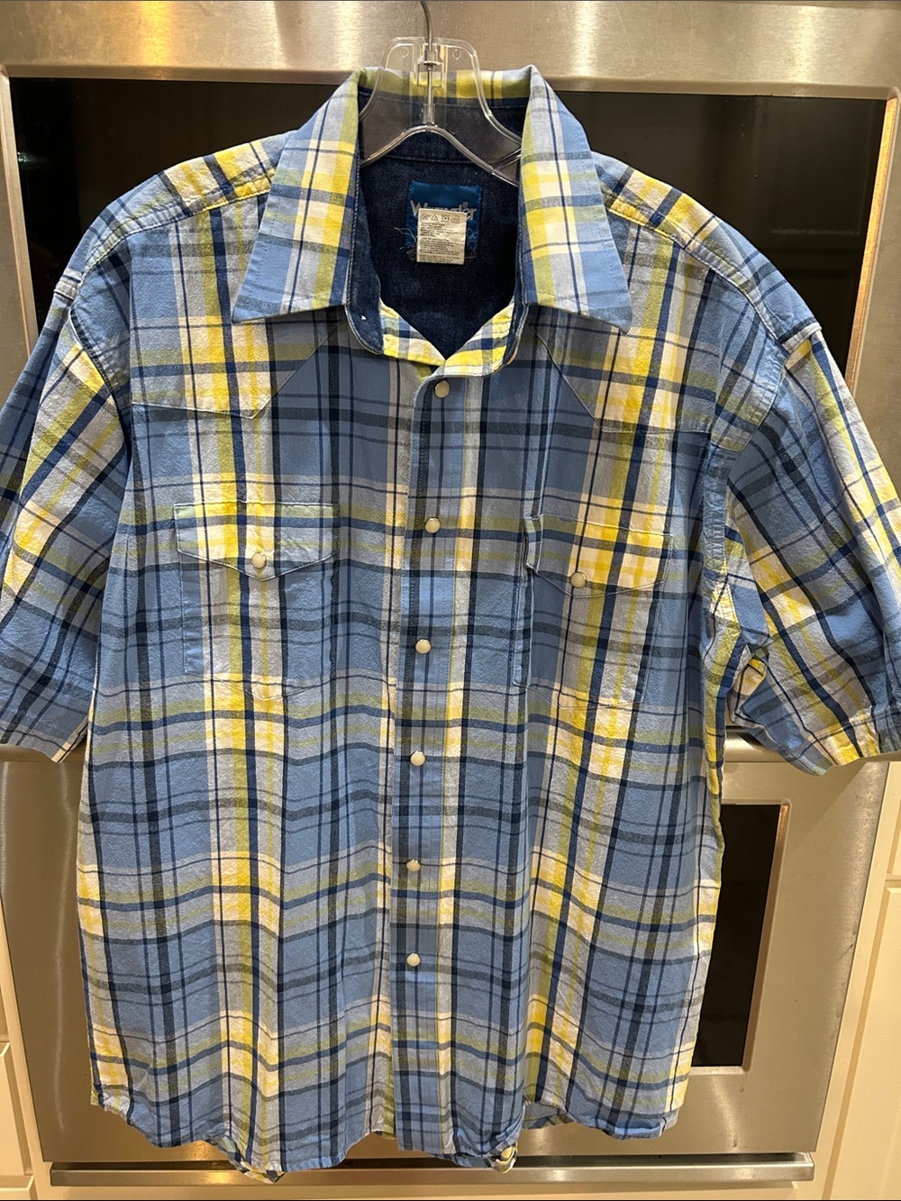 Wrangler Blue and Yellow Plaid Short-Sleeve Button-Down Shirt